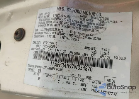 2007 Ford Focus S/Se/Ses from USA, damaged, VIN 1FAFP34N97W354870